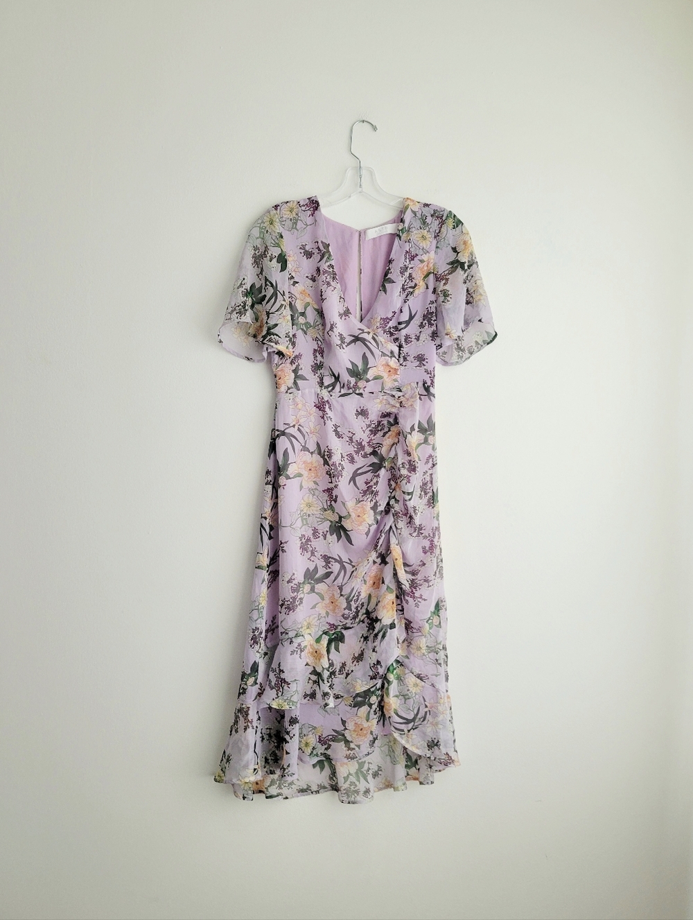 ASTR Lilac Floral Ruffle Short Sleeve Midi Garden Party Wedding Guest Dress